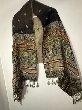 Artisan Woven Shawl Scarf Paisley Stripe Fringe Boho Ethnic Wrap